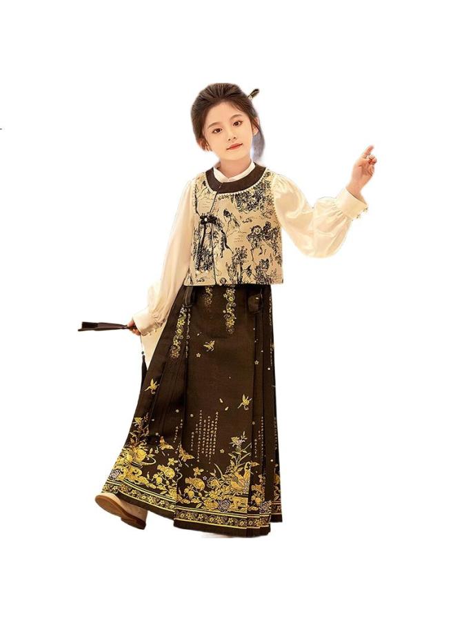 ROMON Luomeng Ma Face Skirt Chinese Style Spring And Summer Hanfu Girls' Outfit Performance Costume Jin Yu Zhi Jin Ma Face Skirt Three-Piece Set 140 - Image 2