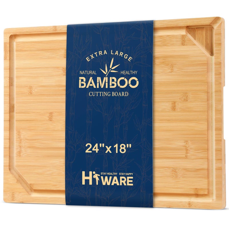 Hiware 24 x 18 Extra Large Bamboo Serving Boards for Kitchen, Heavy Duty Wood Butcher Block Chopping Board with Handle and Juice Groove for Meat, Large Charcuterie Board, Over the Sink Cutting Board - Image 1