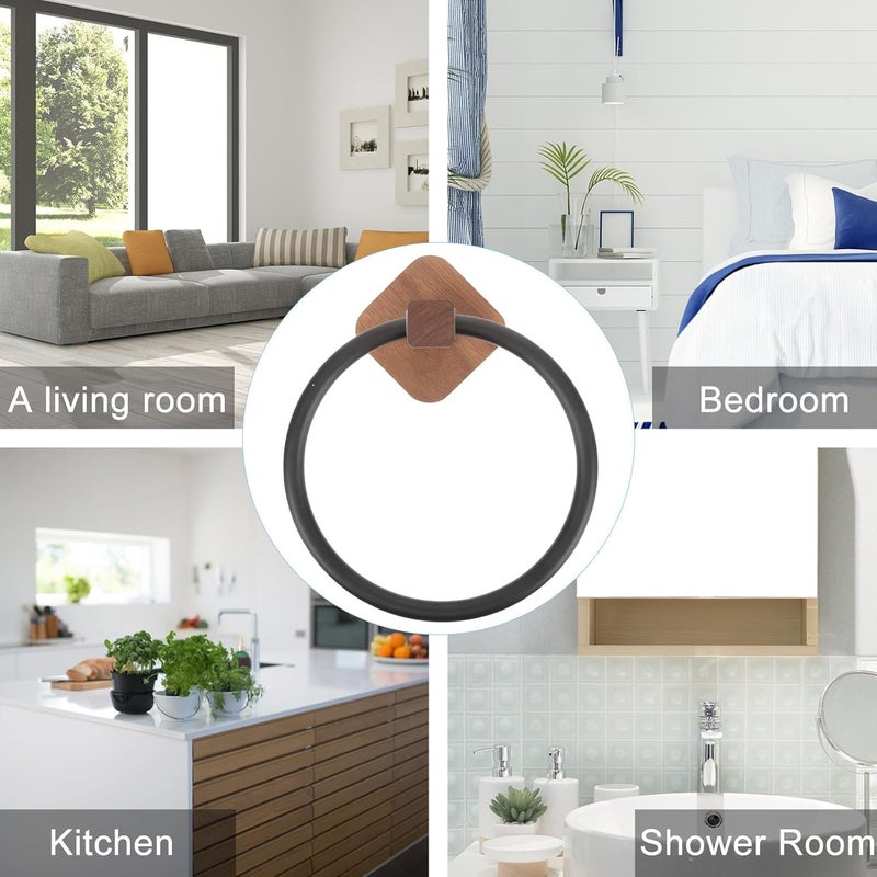 Hand Towel Holder Towel Ring Wooden Bathroom Wall-Mounted Black Single Rod Rack for Kitchen and Bathroom Use - Image 4