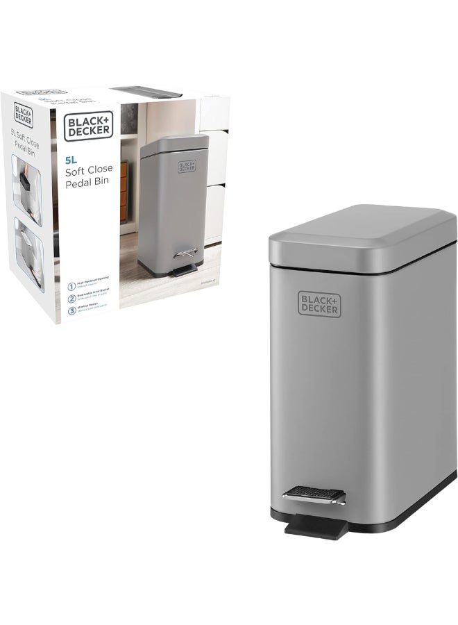 بلاك اند ديكر سليم لاين سلة نفايات وإعادة التدوير بدواسة وإغلاق ناعم رمادي وأسود 5 لتر 61238 - Image 1