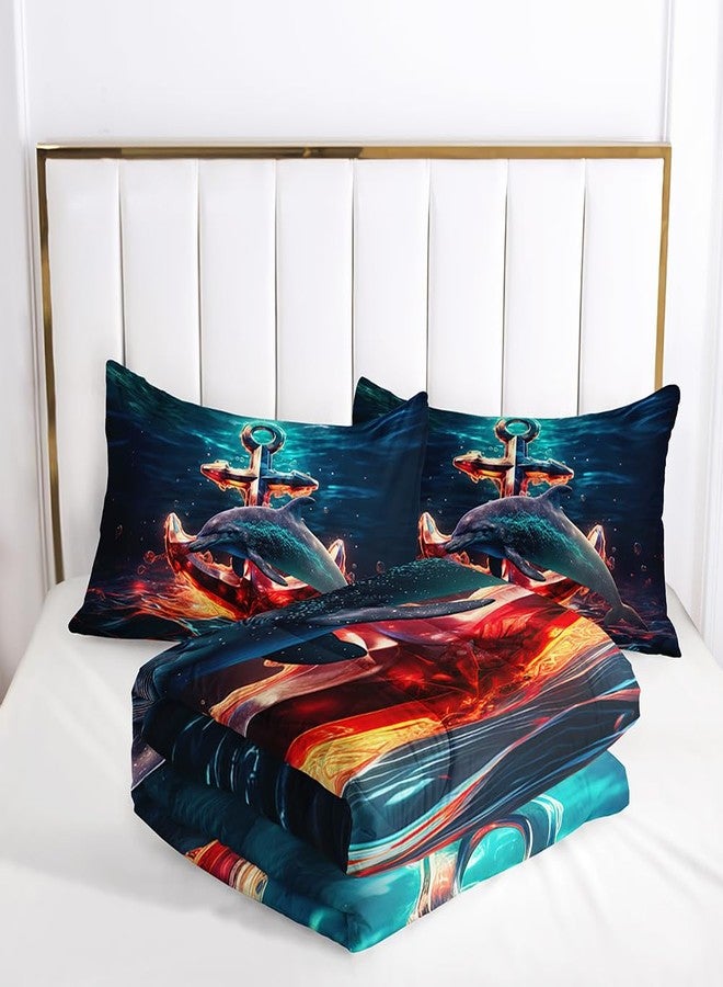 Suncloris Ocean Dolphin Comforter, Blue Starry Anchor Dolphin Bedding Set for Kids and Adults, Ocean Marine Life Patteren Quilt Bedroom Decor with 2 Pillow Cases (AnchorDolphin, Queen) - Image 4