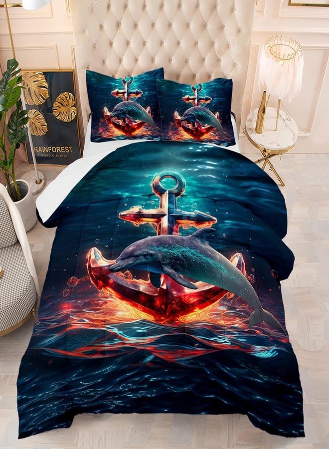 Suncloris Ocean Dolphin Comforter, Blue Starry Anchor Dolphin Bedding Set for Kids and Adults, Ocean Marine Life Patteren Quilt Bedroom Decor with 2 Pillow Cases (AnchorDolphin, Queen) - Image 1