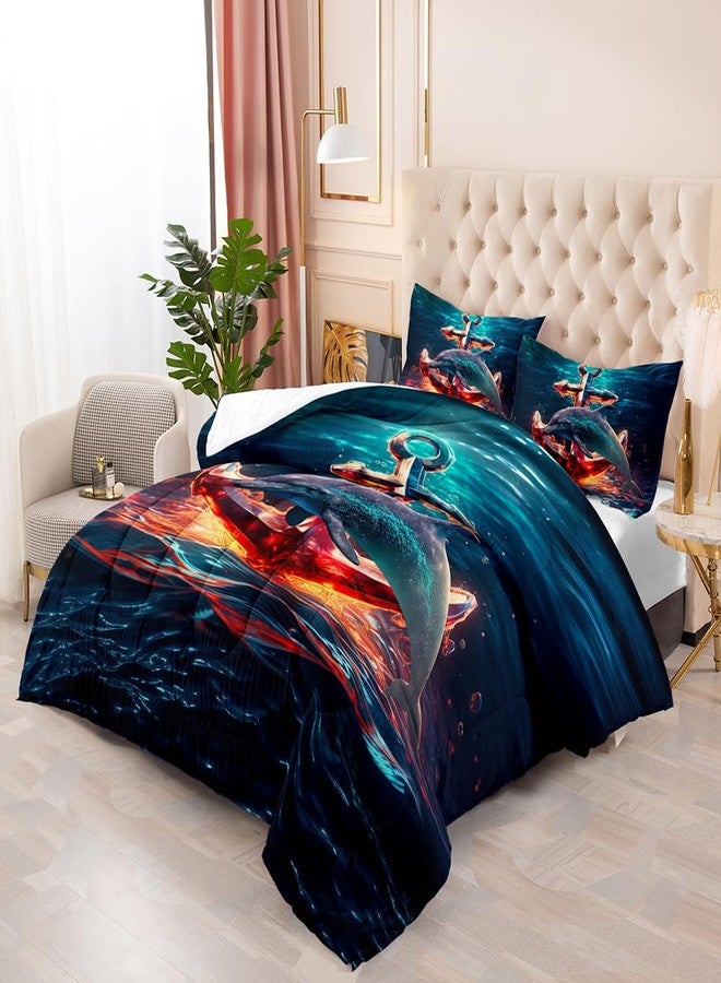 Suncloris Ocean Dolphin Comforter, Blue Starry Anchor Dolphin Bedding Set for Kids and Adults, Ocean Marine Life Patteren Quilt Bedroom Decor with 2 Pillow Cases (AnchorDolphin, Queen) - Image 2