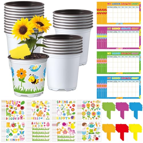 Capoda 24 Sets Garden Flower Pots Crafts Kit DIY Spring Plastic Seedling Nursery Pots with Stickers Plant Labels Growth Charts Planting Growing Tools Classroom Activities Project Gifts Round - Image 1