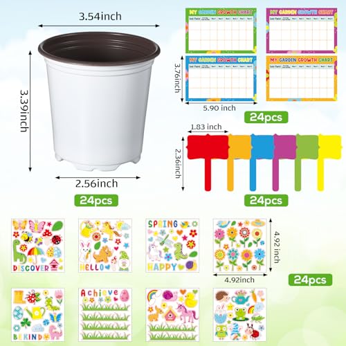 Capoda 24 Sets Garden Flower Pots Crafts Kit DIY Spring Plastic Seedling Nursery Pots with Stickers Plant Labels Growth Charts Planting Growing Tools Classroom Activities Project Gifts Round - Image 3