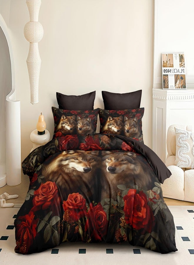 CCoutueChen Wolf Roses Comforter Set Queen Vintage Romantic Floral Bedding Set for Girls Wildlife Animal Decor Quilt Set - 3Pcs Soft Fluffy Microfiber with 2 Pillowcases(90 * 90) - Image 2