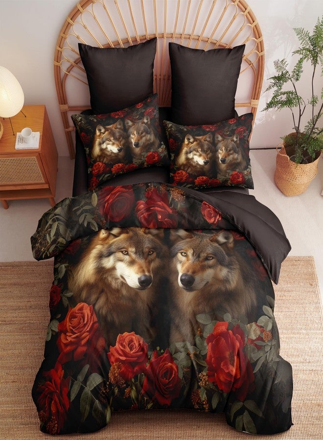 CCoutueChen Wolf Roses Comforter Set Queen Vintage Romantic Floral Bedding Set for Girls Wildlife Animal Decor Quilt Set - 3Pcs Soft Fluffy Microfiber with 2 Pillowcases(90 * 90) - Image 1