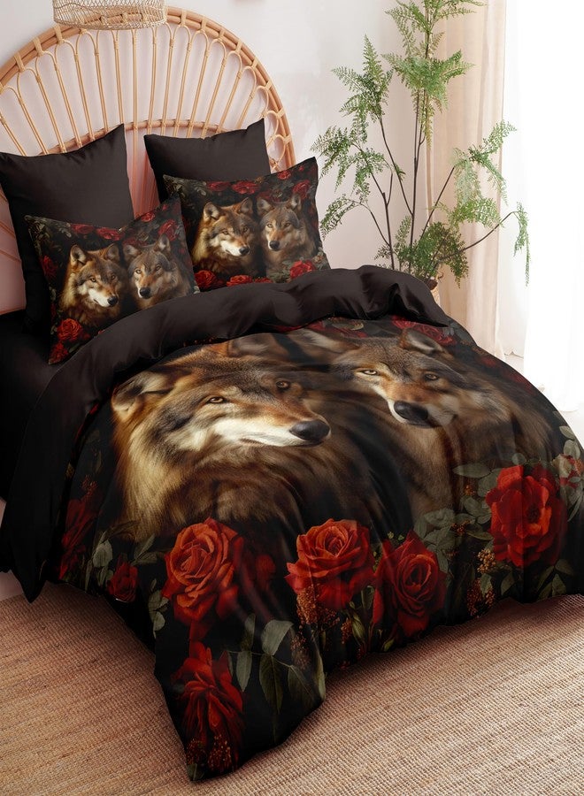 CCoutueChen Wolf Roses Comforter Set Queen Vintage Romantic Floral Bedding Set for Girls Wildlife Animal Decor Quilt Set - 3Pcs Soft Fluffy Microfiber with 2 Pillowcases(90 * 90) - Image 4