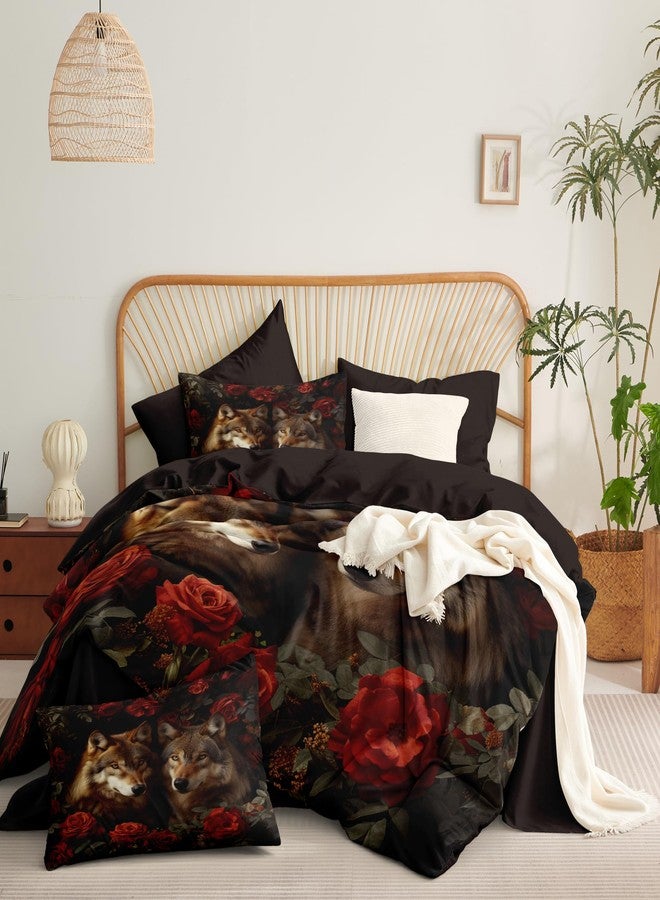 CCoutueChen Wolf Roses Comforter Set Queen Vintage Romantic Floral Bedding Set for Girls Wildlife Animal Decor Quilt Set - 3Pcs Soft Fluffy Microfiber with 2 Pillowcases(90 * 90) - Image 3