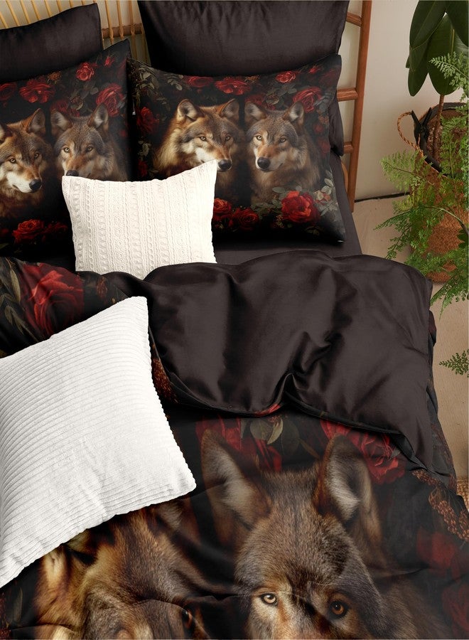 CCoutueChen Wolf Roses Comforter Set Queen Vintage Romantic Floral Bedding Set for Girls Wildlife Animal Decor Quilt Set - 3Pcs Soft Fluffy Microfiber with 2 Pillowcases(90 * 90) - Image 5
