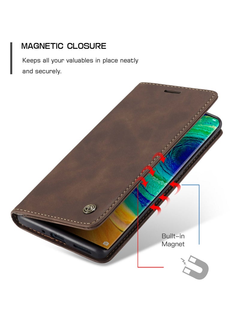CaseMe HUAWEI Mate 30 pro 4G/5G Wallet Case Book Folding Flip Folio Case with Magnetic Kickstand Card Slots Protective Cover - Coffee - Image 5