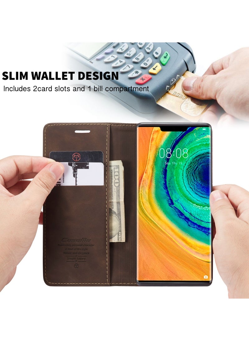 CaseMe HUAWEI Mate 30 pro 4G/5G Wallet Case Book Folding Flip Folio Case with Magnetic Kickstand Card Slots Protective Cover - Coffee - Image 4