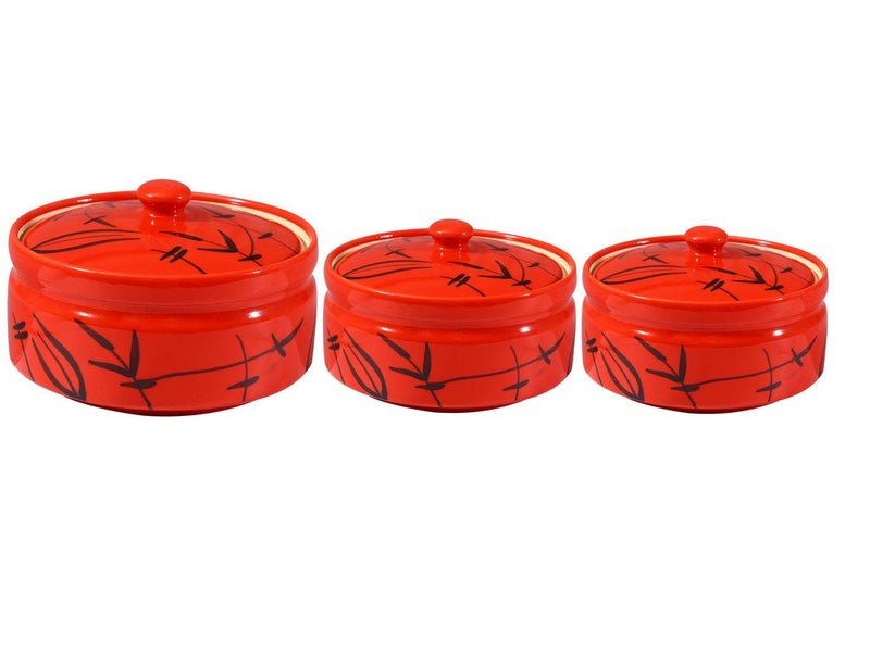 Caffeine Ceramic Handmade red Bamboo Serving Donga with lid Set of 3 1 Large 1 Medium 1 Small - Image 1