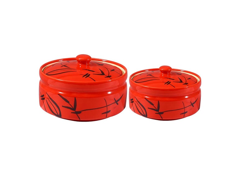 Caffeine Ceramic Handmade red Bamboo Serving Donga with lid Set of 3 1 Large 1 Medium 1 Small - Image 5