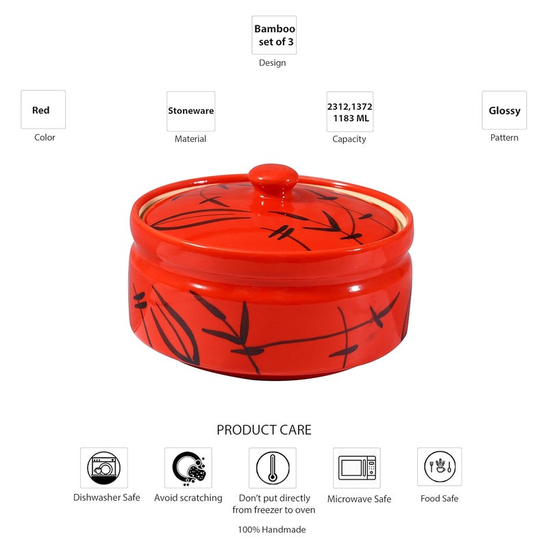 Caffeine Ceramic Handmade red Bamboo Serving Donga with lid Set of 3 1 Large 1 Medium 1 Small - Image 3