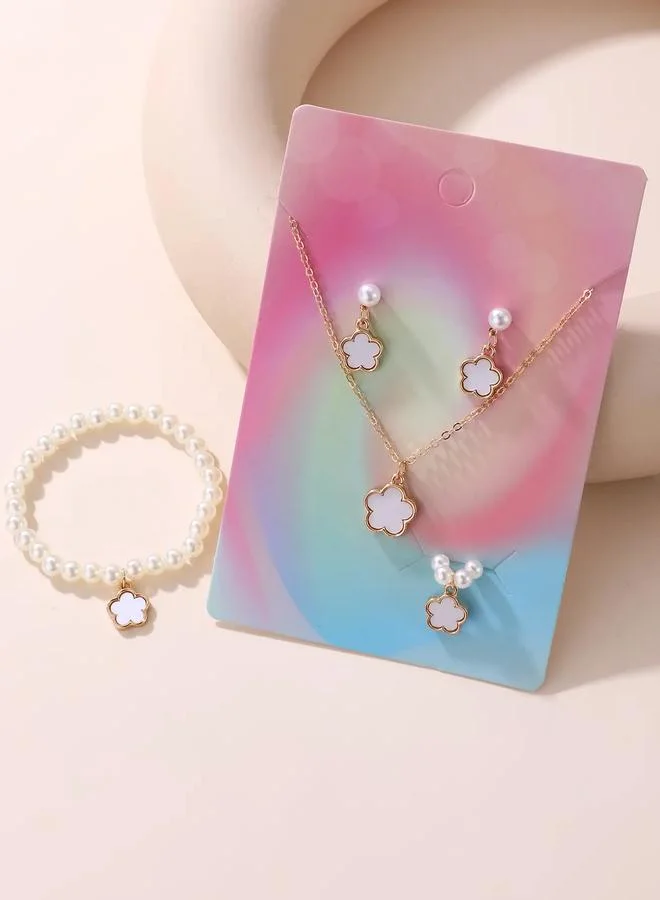 Take Two  Girls White Flower Charm Pearl Necklace, Bracelet, Ring and Earrings Set for Women | Best Price UAE