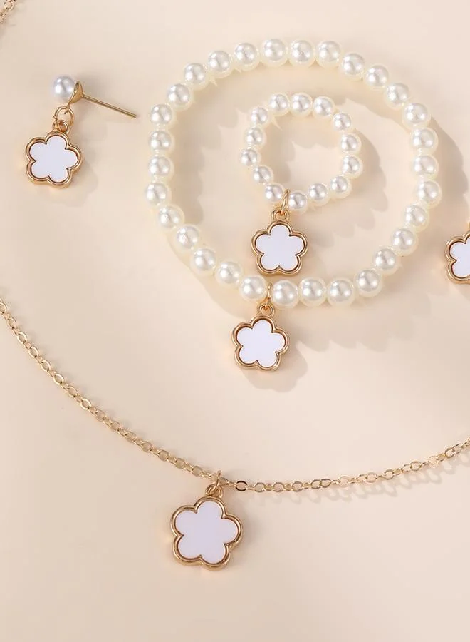 Take Two  Girls White Flower Charm Pearl Necklace, Bracelet, Ring and Earrings Set for Women | Best Price UAE