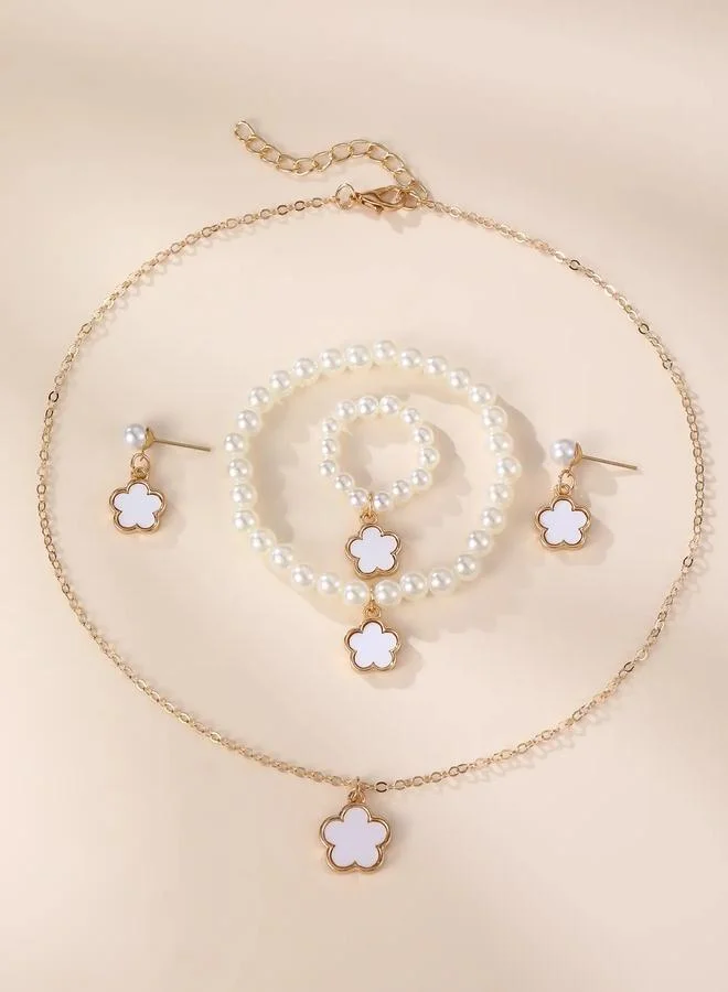 Take Two  Girls White Flower Charm Pearl Necklace, Bracelet, Ring and Earrings Set for Women | Best Price UAE