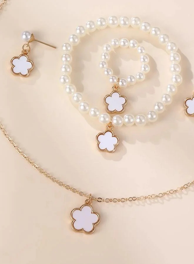Take Two  Girls White Flower Charm Pearl Necklace, Bracelet, Ring and Earrings Set for Women | Best Price UAE