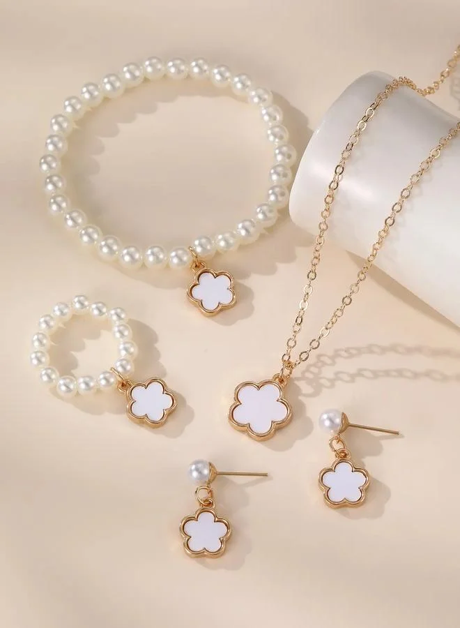 Girls White Flower Charm Pearl Necklace, Bracelet, Ring and Earrings Set