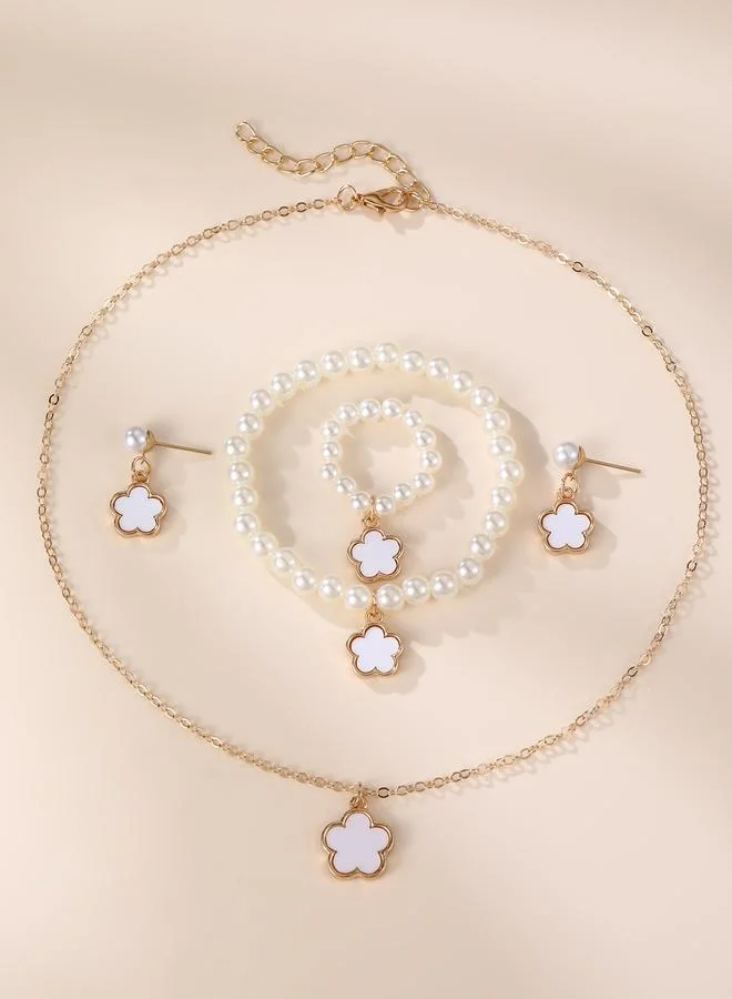 Take Two  Girls White Flower Charm Pearl Necklace, Bracelet, Ring and Earrings Set for Women | Best Price UAE