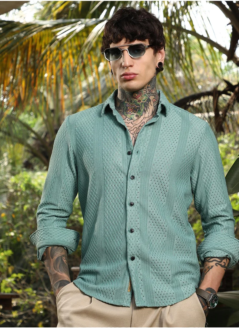 كامبوس سوترا Men's Seagreen Marquise-Panel Tactile Shirt For Casual Wear | Spread Collar | Long Cuffed Sleeves | Button Closure | Shirt Crafted With Comfort Fit For Everyday Wear