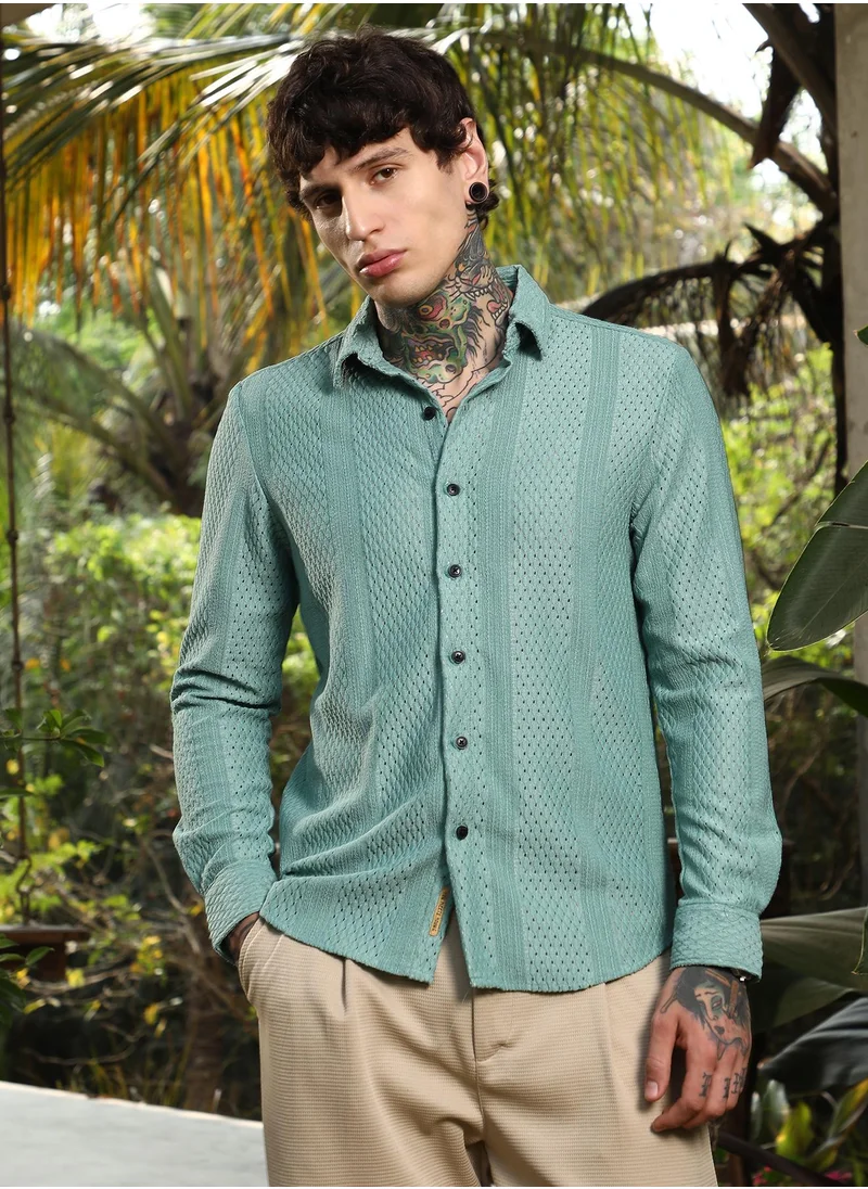كامبوس سوترا Men's Seagreen Marquise-Panel Tactile Shirt For Casual Wear | Spread Collar | Long Cuffed Sleeves | Button Closure | Shirt Crafted With Comfort Fit For Everyday Wear