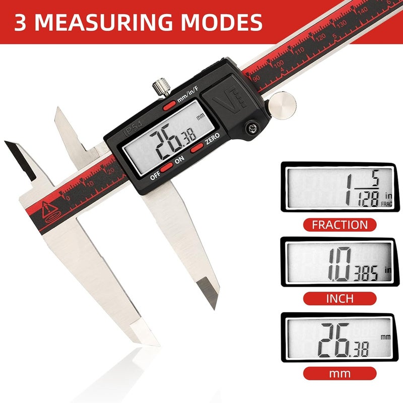 VINCA IP54 Grade Digital Caliper, DCLA-1205 12 Inch/300mm, Inch/Millimeter/Fraction Conversion, Stainless Steel, Large LCD Screen - Image 2