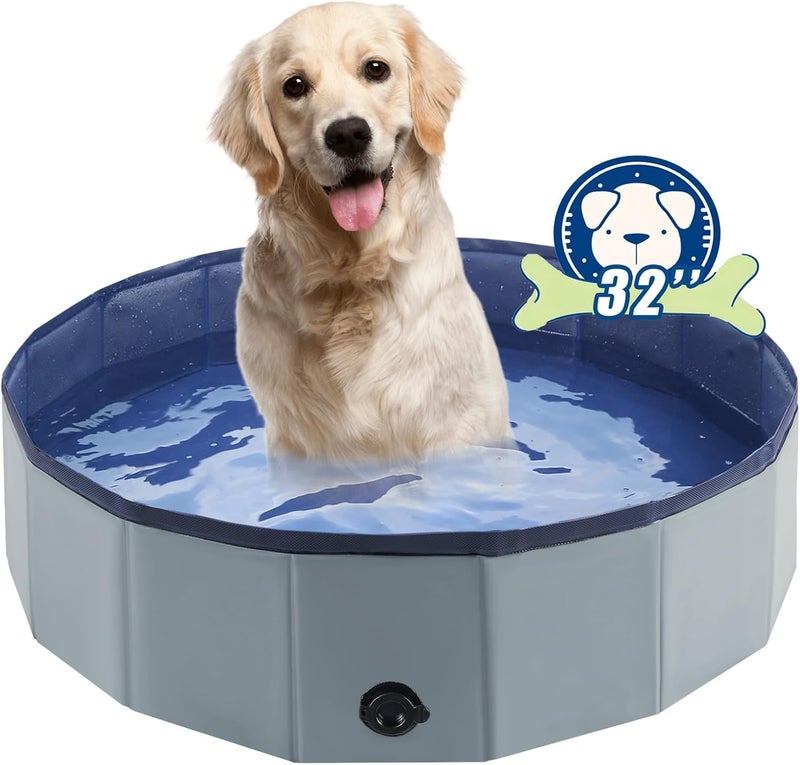 Eooqi Foldable Dog Bath Swimming Pool Plastic Kiddie Pool Professional Tub Collapsible Grooming Bathtub for Pets Kids Baby and Toddler, 32 x 8 Inches Blue (Gray, S - 32'' x 8'') - Image 1