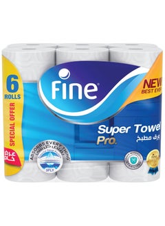 Fine Towel Pro, Highly Absorbent, Sterilized And Half Perforated Kitchen Paper Towel, 3 Ply Pack Of 6 White  - Image 1