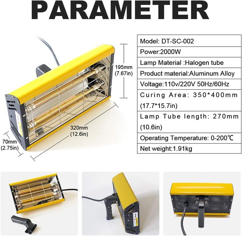 DATOUBOSS Portable Infrared Paint Curing Lamp 2000w Handheld Infrared Paint Baking Lamp Shortwave Infrared Heating Light Car Body Repair Tool - Image 3
