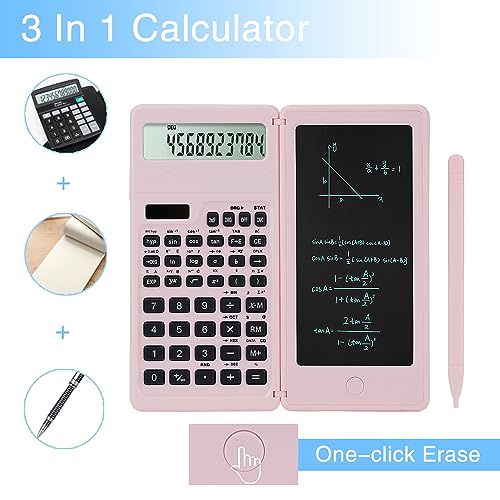 LveSunny Scientific Calculators for Middle School & High School, Solar and Battery Power with Notepad for School，10 Digits Digital with Erasable Writing Board Math Calculator (Pink) - Image 2
