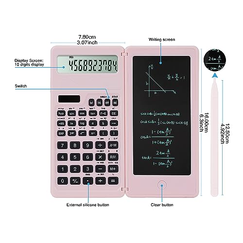 LveSunny Scientific Calculators for Middle School & High School, Solar and Battery Power with Notepad for School，10 Digits Digital with Erasable Writing Board Math Calculator (Pink) - Image 3