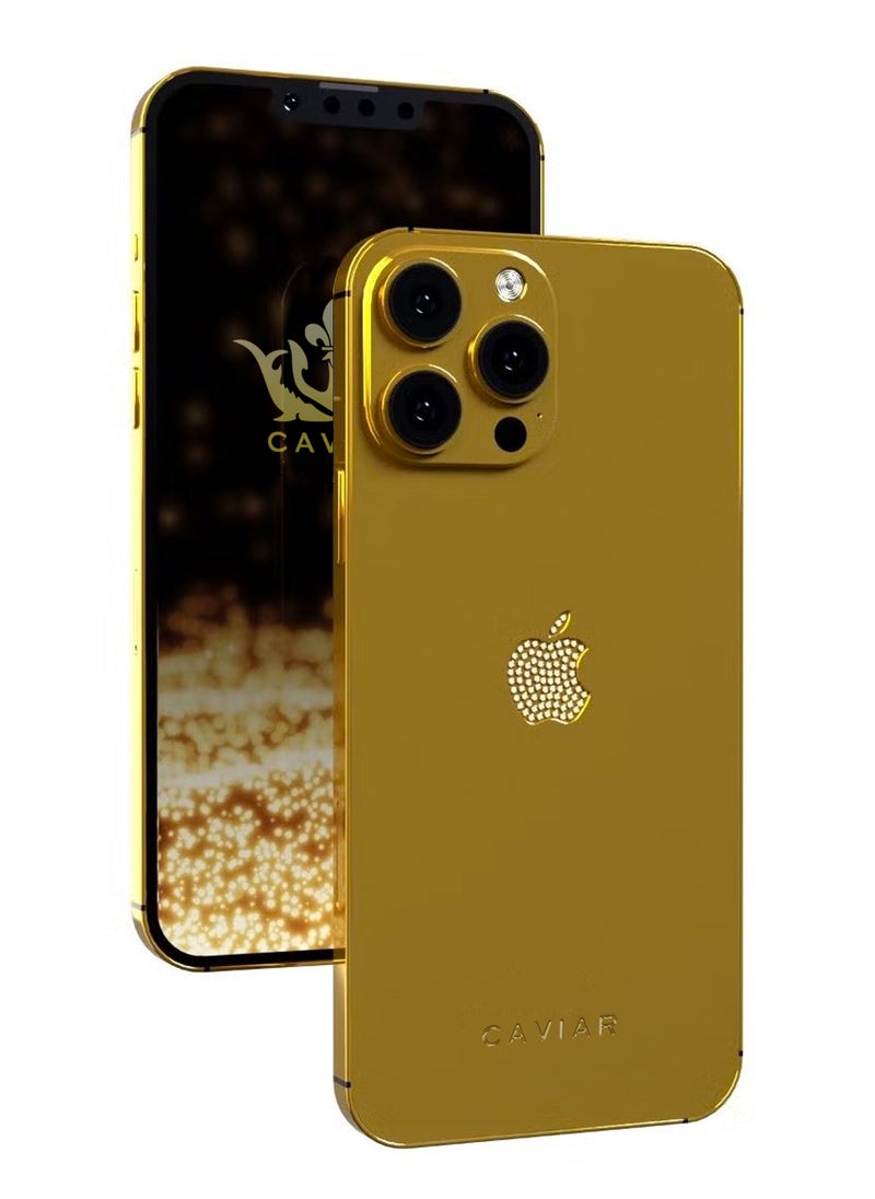 CAVIAR إطار كافيار فاخر مطلي بالذهب عيار 24 قيراط مخصص لهاتف iPhone 15 Pro سعة 128 جيجابايت بشعار كريستال تيتانيوم ذهبي  - Image 1