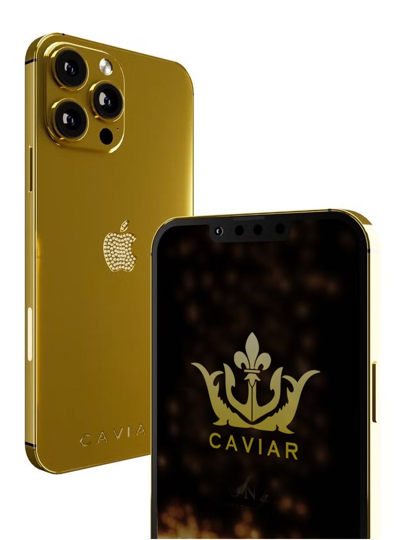 CAVIAR إطار كافيار فاخر مطلي بالذهب عيار 24 قيراط مخصص لهاتف iPhone 15 Pro سعة 128 جيجابايت بشعار كريستال تيتانيوم ذهبي  - Image 3