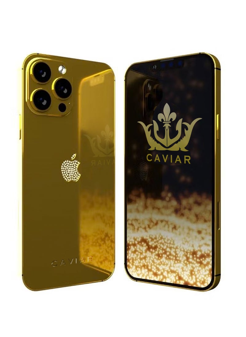 CAVIAR إطار كافيار فاخر مطلي بالذهب عيار 24 قيراط مخصص لهاتف iPhone 15 Pro سعة 128 جيجابايت بشعار كريستال تيتانيوم ذهبي  - Image 2