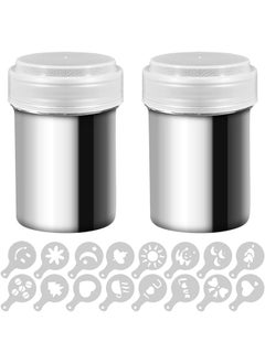 Generic 2Pcs Stainless Steel Powder Shakers, Powdered Sugar Shaker Duster, Mesh Shaker Powder Cans for Coffee Cocoa Cinnamon Powder with Lid, with 16 pcs Printing Molds Stencils  - Image 1