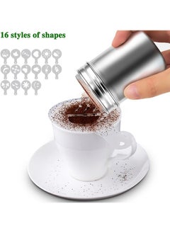 Generic 2Pcs Stainless Steel Powder Shakers, Powdered Sugar Shaker Duster, Mesh Shaker Powder Cans for Coffee Cocoa Cinnamon Powder with Lid, with 16 pcs Printing Molds Stencils  - Image 2