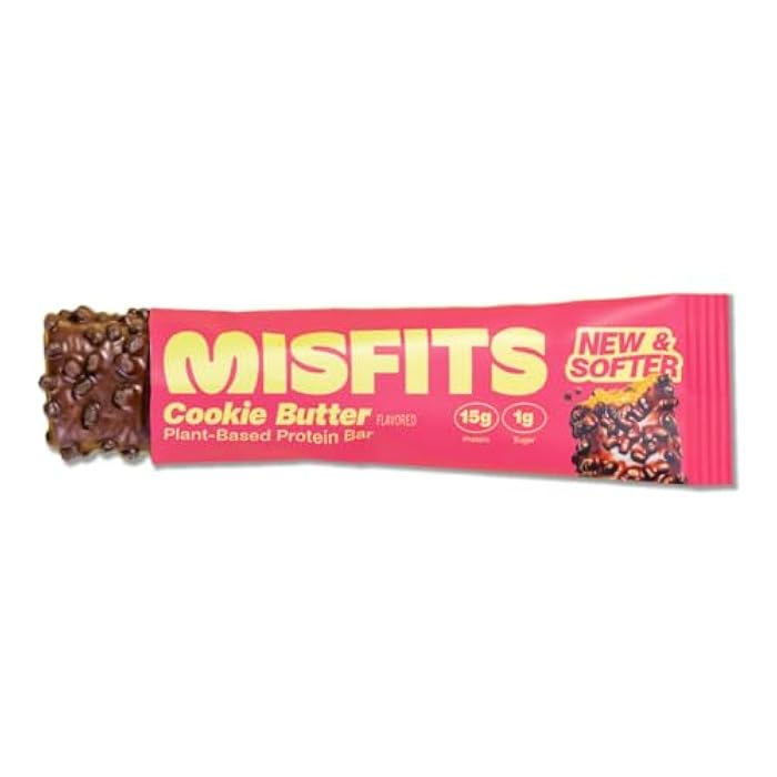 Misfits بار بروتين عالي من ميسفيتس، زبدة بسكويت، غير معدلة وراثيًا، بار بروتين نباتي نباتي، منخفض السكر، وجبة خفيفة غنية بالألياف - Image 1