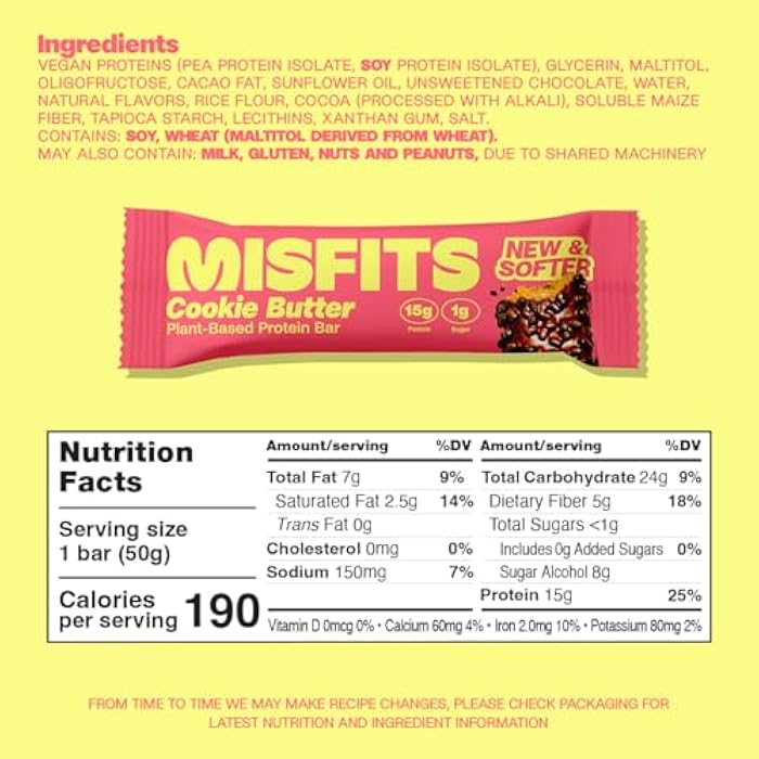 Misfits بار بروتين عالي من ميسفيتس، زبدة بسكويت، غير معدلة وراثيًا، بار بروتين نباتي نباتي، منخفض السكر، وجبة خفيفة غنية بالألياف - Image 4