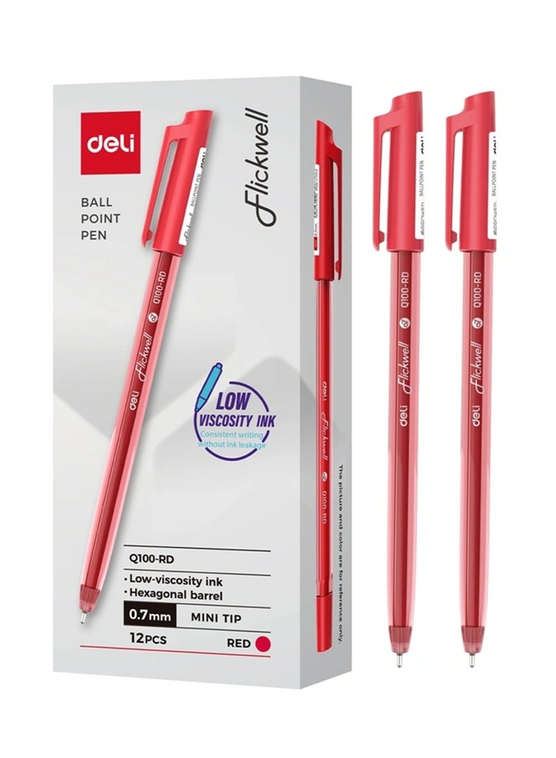 Deli 12-Piece Flickwell Ballpoint Pen 0.7mm Mini Tip Red Ink - Image 1