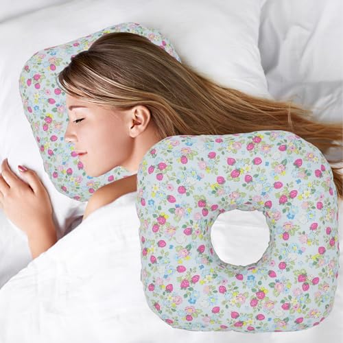 Wuronsa Ear Piercing Pillow for Side Sleepers, Pillow with an Ear Hole for CNH and Ear Pain Ear Inflammation Pressure Sores, O-Shaped Side Sleeping Pillow, Ear Guard Pillow (Blue Strawberry) - Image 1