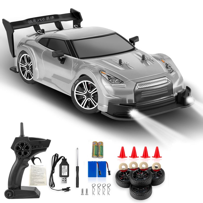 PANKQQ سيارة بانك كيو كيو RC درفت 116 مقياس سيارات درفت RC 24GHz 4WD سيارة سباق RC بسرعة 40 كم/ساعة سيارة تحكم عن بعد درفت رياضية لعبة هدايا سلة عيد الفصح للأولاد والبنات والأطفال فضي - Image 2