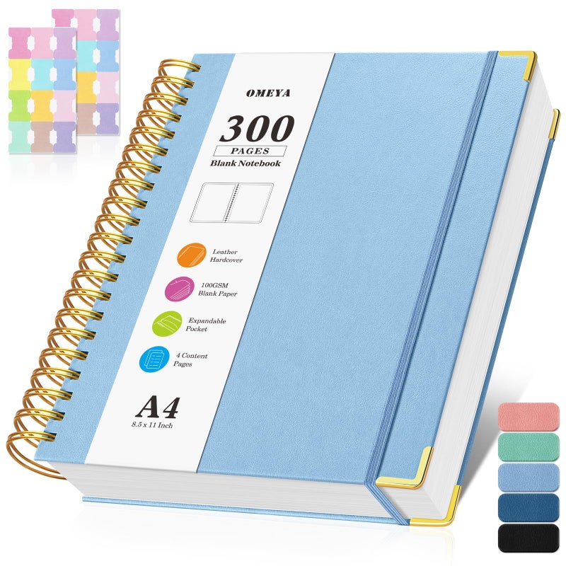 OMEYA Blank Spiral Notebook: Sketch Book 8.5" X 11", Hardcover Sketchbook, 300 Pages Leather Unlined Notebook for Women Men,100GSM Thick Paper Journal, A4 Large Art Sketchbook for Drawing Work, Light Blue - Image 1