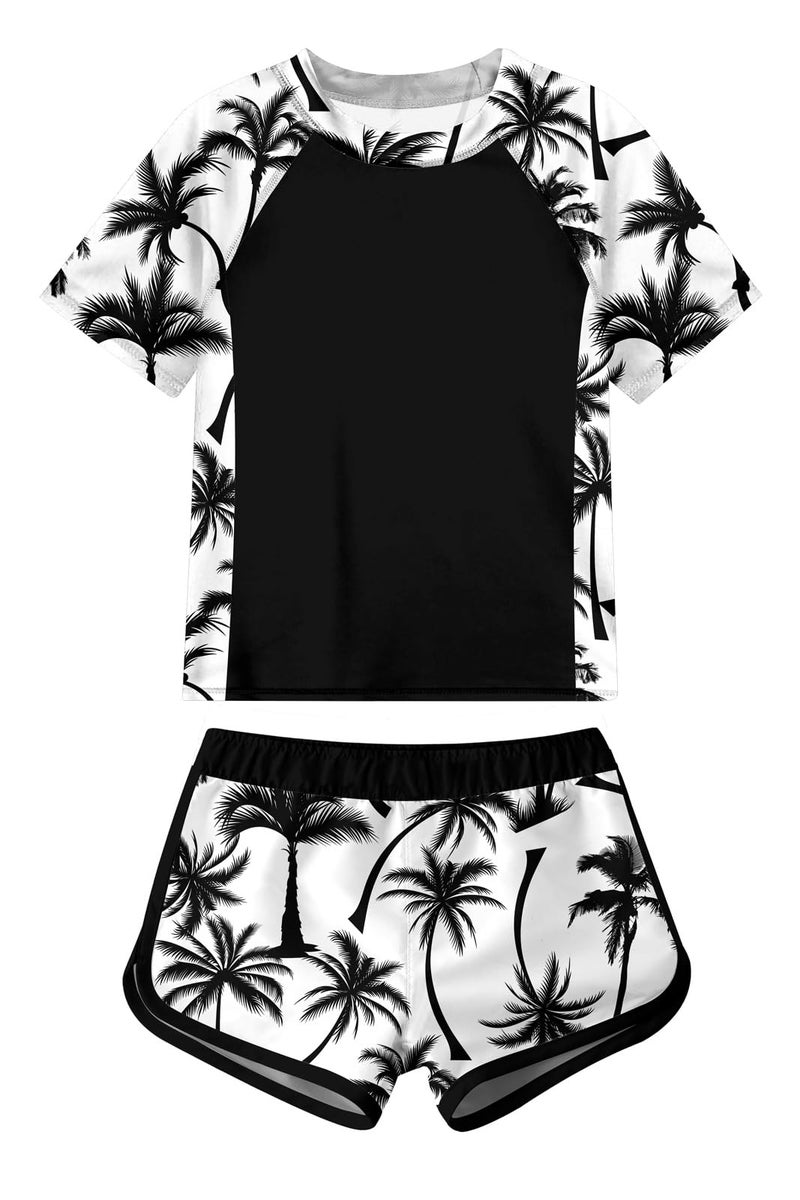 ADUKIDE Girl Swimsuit Size 11 12 Two Piece Tankini Rash Guard Set Kids Coconut Tree Bathing Suit with Boyshort Black - Image 1