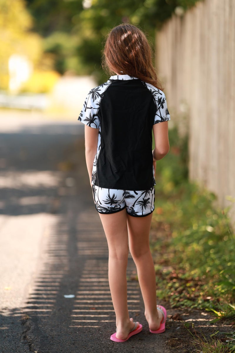 ADUKIDE Girl Swimsuit Size 11 12 Two Piece Tankini Rash Guard Set Kids Coconut Tree Bathing Suit with Boyshort Black - Image 2