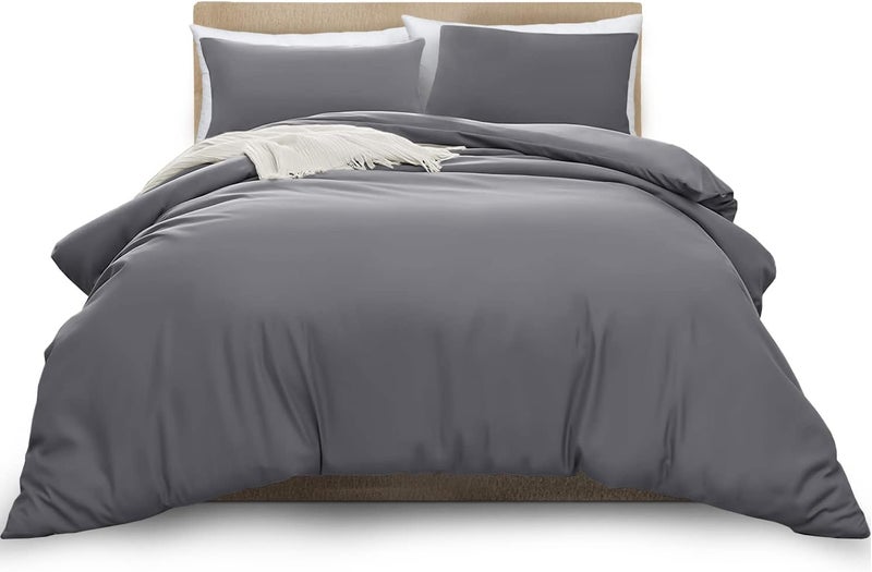 MOONLIGHT20015 Double Duvet Cover Set Grey Solid Soft Bedding with 2 Matching Pillowcases (200 x 200 cm Duvet Cover, 50 x 75 cm Pillowcases) - Image 1