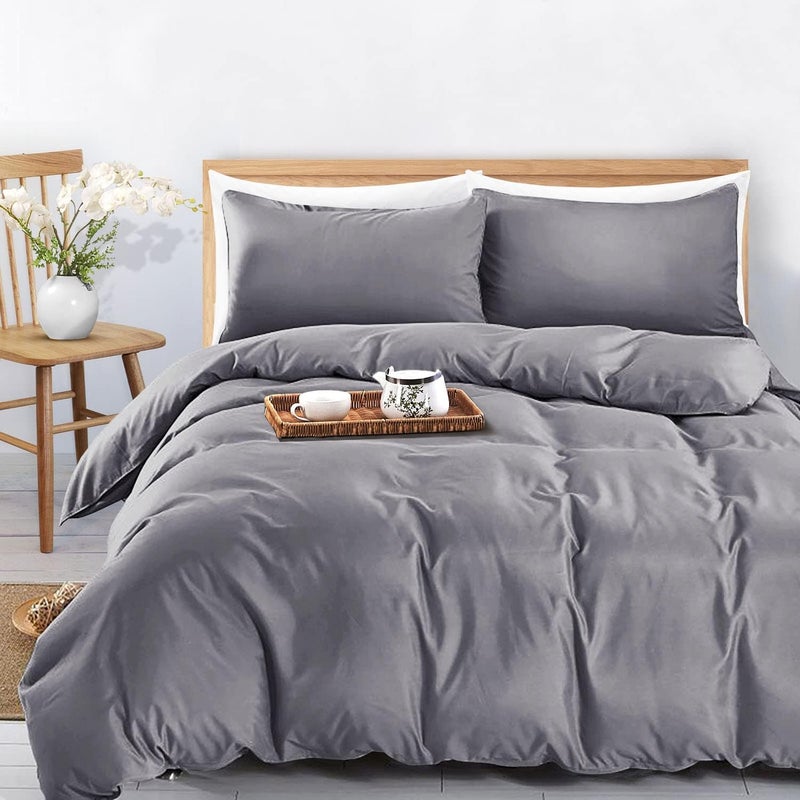 MOONLIGHT20015 Double Duvet Cover Set Grey Solid Soft Bedding with 2 Matching Pillowcases (200 x 200 cm Duvet Cover, 50 x 75 cm Pillowcases) - Image 4