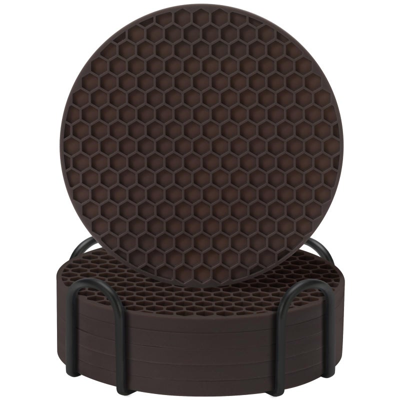 TWTLi Coasters Set of 6 with Holder Coasters for Drinks Coffee Table Decor Coaster Suitable for Kinds Cups Anti-Slip Non-Stick Silicone Cup Coaster and Living Room Decor (6 Pcs  Coffee)  - Image 1