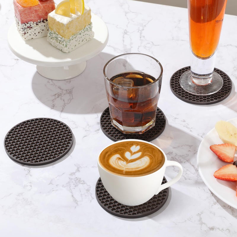 TWTLi Coasters Set of 6 with Holder Coasters for Drinks Coffee Table Decor Coaster Suitable for Kinds Cups Anti-Slip Non-Stick Silicone Cup Coaster and Living Room Decor (6 Pcs  Coffee)  - Image 2
